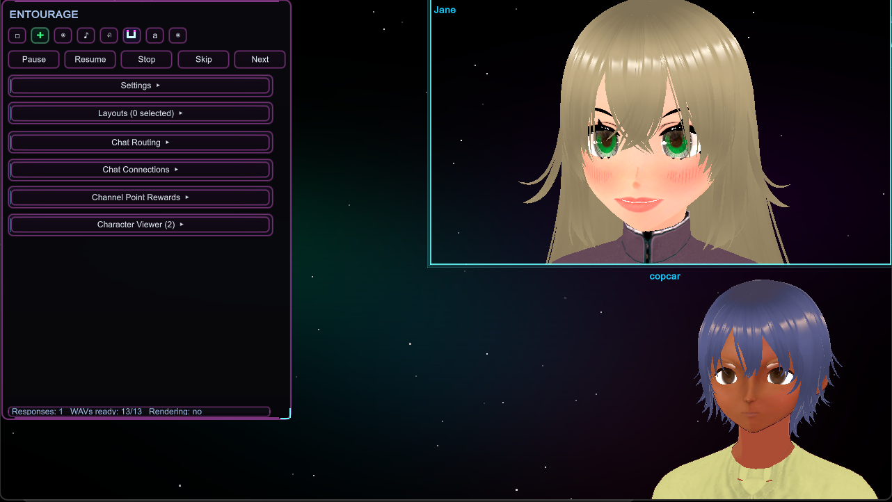 Entourage running with its control panel and two customizable chat characters on a starfield stage.
